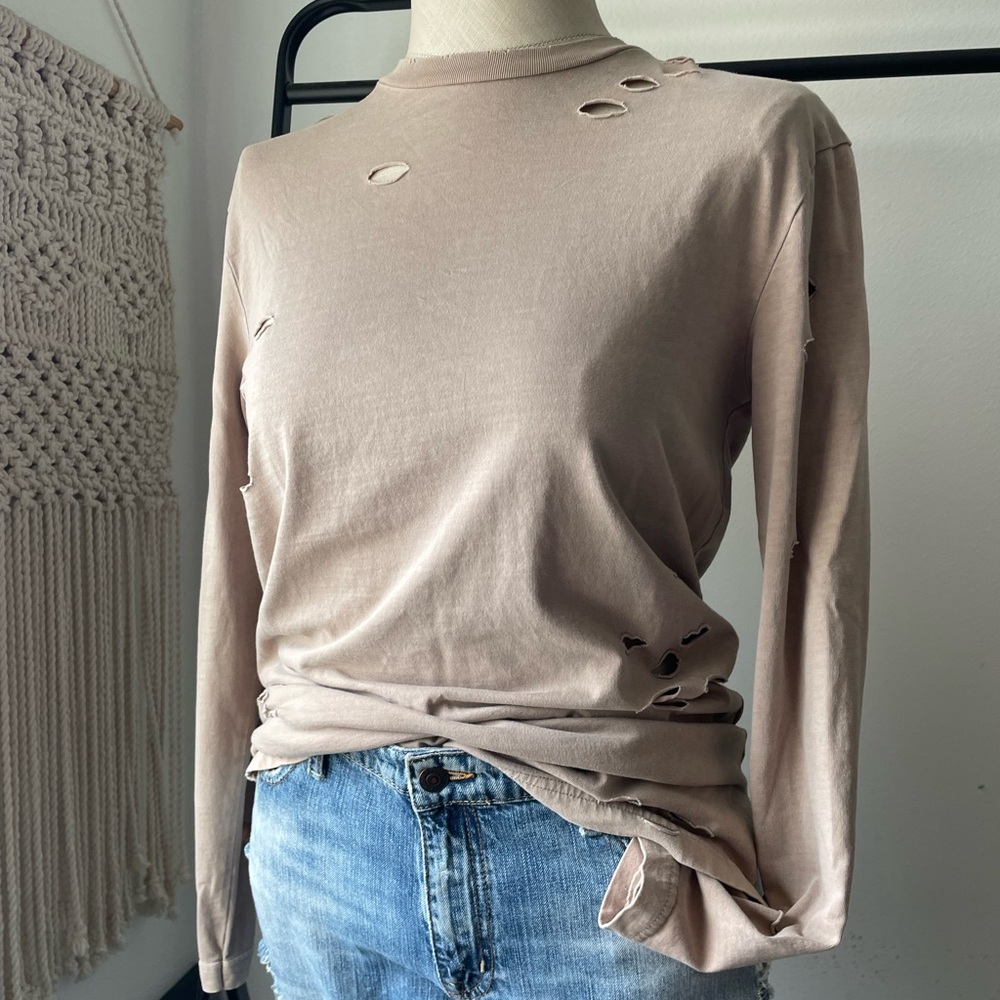 Tan long sleeve distressed tee